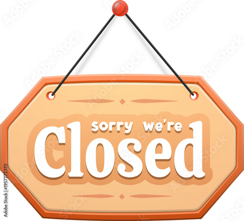 Closed signboard with sorry we are closed message. Hanging wooden shop and store door sign board plate attached by rope and pin. Vector retail notice template for cafe or commercial business entrance