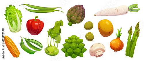 Cartoon raw ripe isolated vegetables, vector farm food, garden veggies set. Red bell pepper, onion, radish and olive, green beans, pea, mushroom and corn, cabbage and asparagus cartoon vegetables