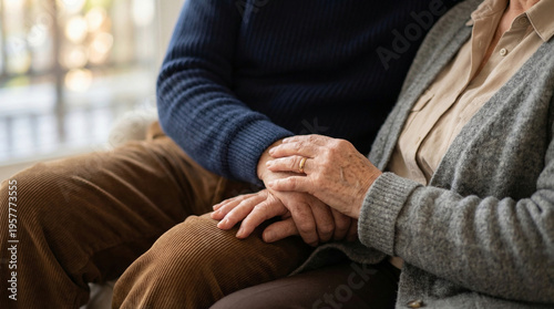 Close-up of Senior Couple Holding Hands for Support, Concept of Retirement Planning, Estate Management, Financial Security for Elderly, and Long-term Care Partnership