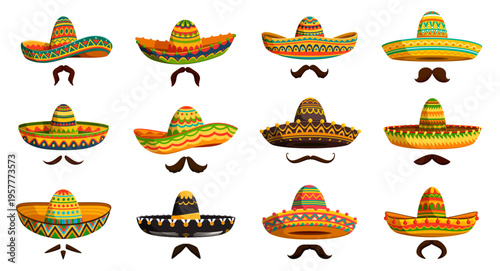Cartoon Mexican mariachi sombrero hats with moustaches. Cinco de mayo holiday accessories. Isolated vector set of festive caps adorned with vibrant colors and patterns, symbolize Latin America culture