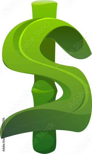 Cartoon dollar symbol as green bamboo stem and leaf, agriculture typeface, farm font, harvest type, funny English alphabet symbol, Isolated vector plant shaped glyph, eco font letter and currency sign