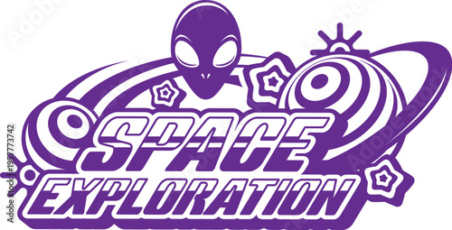 Space exploration and astronomy retro Y2K icon or symbol. Universe exploration Y2K vector sign, galaxy discovery symbol. Cosmos travel icon with alien head, galaxy planets and stars, retro typography