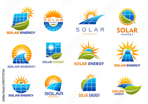 Solar energy technology icons of blue photovoltaic panel grids with radiant orange sun. Vector solar energy icons of sunbursts and green leaves for renewable energy technology symbols of electricity