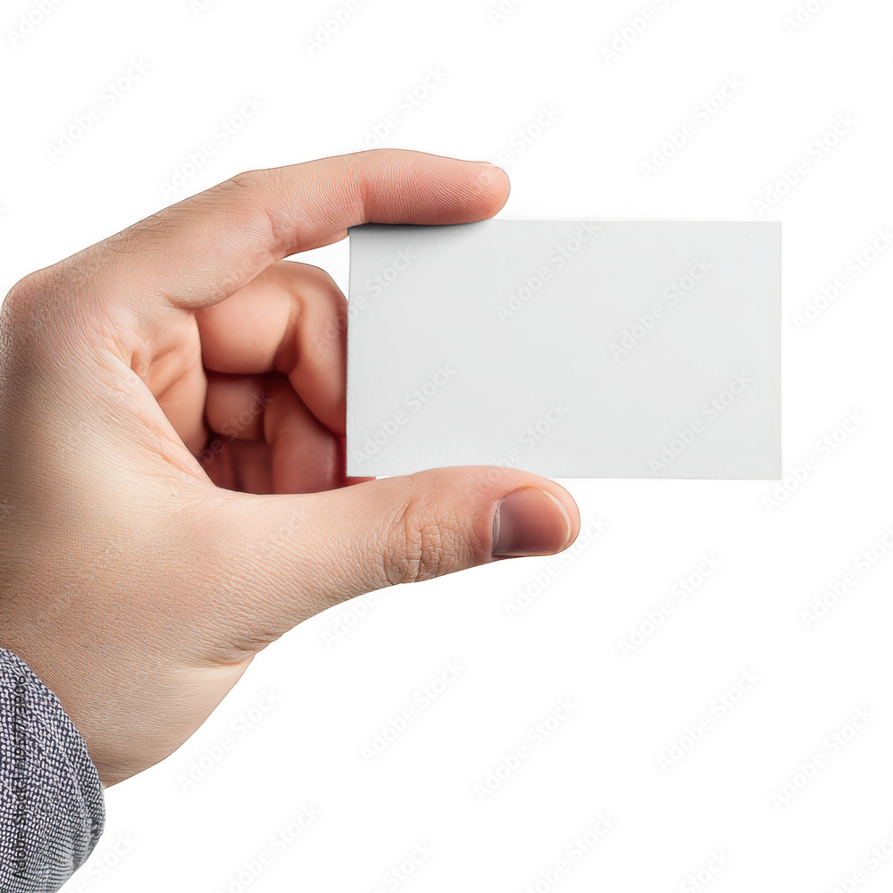 Obraz premium A hand holding a blank white business card isolated on transparent background