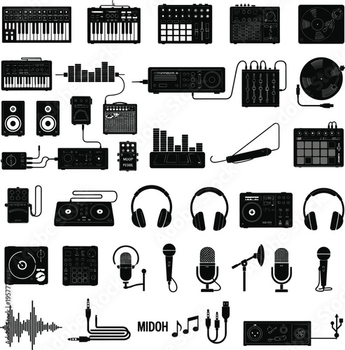 Music Production and DJ Equipment Icon Set with Mixer, Keyboard, Microphone, Headphones, and Audio Devices for Studio and Sound Design