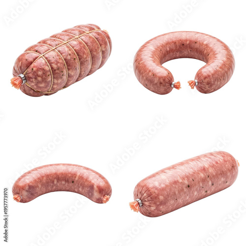 Four types of raw sausages isolated on transparent background