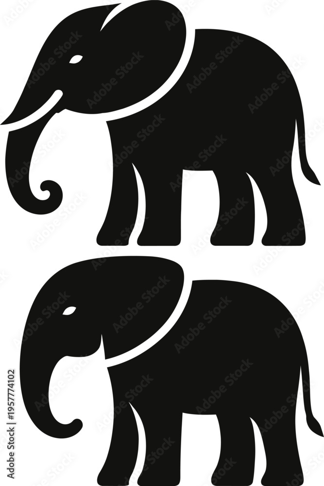 Fototapeta premium Minimal and elegant elephant logo set featuring two clean black silhouettes. The designs reflect strength, wisdom, stability, and calm nature. Perfect for wildlife brands, eco businesses, cultural log