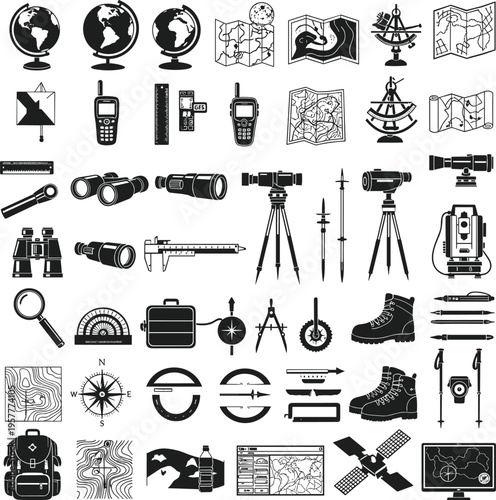 Navigation and Mapping Icon Set with Compass, GPS, Maps, Survey Tools, and Exploration Equipment for Travel, Outdoor, and Geographic Designs