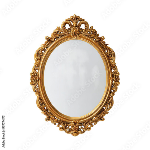 Ornate gold oval mirror frame with intricate design isolated on transparent background