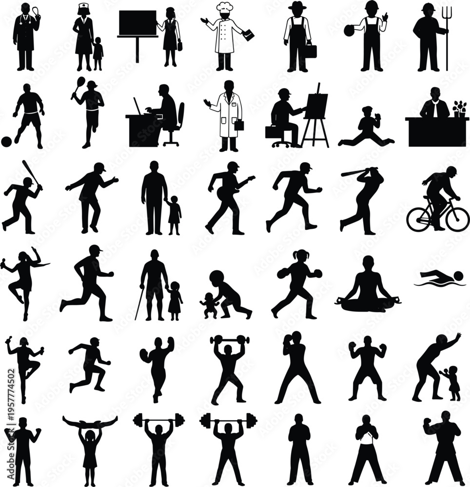 Fototapeta premium People Activity and Profession Silhouette Icon Set with Workers, Athletes, Family, Fitness, and Daily Life Actions for Business and Lifestyle Design