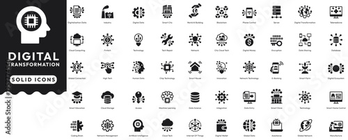 Digital Transformation solid icon set cover data, industry, smart city, blockchain, high tech, fintech, cloud computing, machine learning, data science, access. Professional vector illustration set