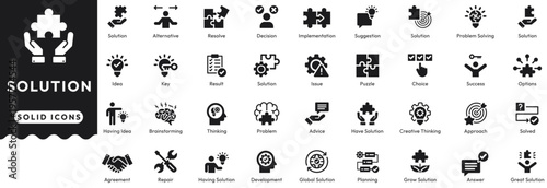 Solution solid icon set cover alternative, resolve, decision, implementation, suggestion, idea, result, issue, answer, planning, development, repair, agreement. Professional vector illustration set