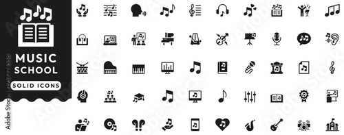 Music school solid vector icons. Perfect for audio education, UX UI design, web and app interfaces. Features piano, guitar, notes, violin, and singing symbols. Get this high-quality music lessons set.