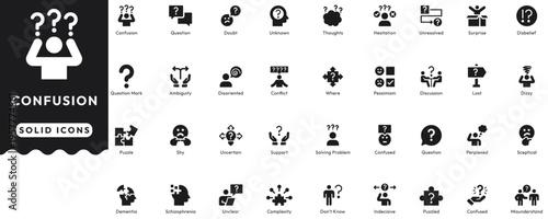Confusion solid vector icon set. Features question marks, doubt, uncertainty, problem solving, dementia, and thinking symbols. Perfect for psychology and decision-making ui designs
