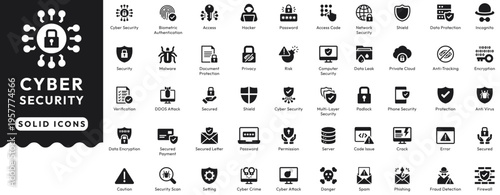Cyber security solid vector icon set. Features hackers, data protection, privacy, malware, and firewall symbols. Perfect for IT web design, encryption, verified software, and network safety graphics