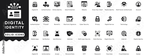 Digital identity solid vector icon set. Features authentication, cyber security, data protection, and password symbols. Ideal for privacy apps, software, and web design graphics.