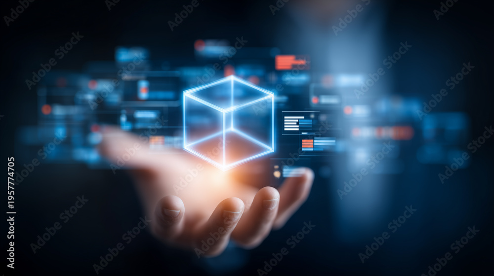 Fototapeta premium Transparent digital cube floating above an open hand with interface panels, symbolizing virtual systems, data visualization, and technological control. 