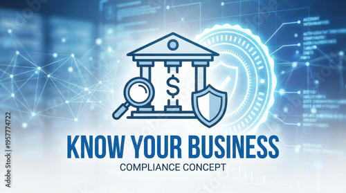 Business compliance policy certificate satisfaction guarantee law exam solution approval concept with bank icon magnifier shield modern blue digital background Concept of compliance