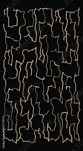 A complex abstract maze with a starting orange dot and an ending green dot representing a challenging puzzle with a difficult path