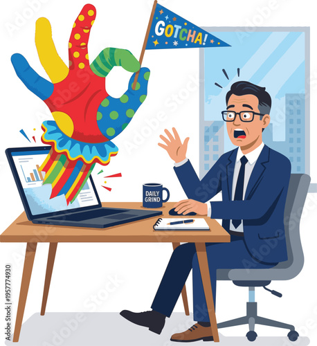 Man Surprised by Puppet at Desk.