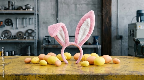 Playful pink bunny ears headband resting amongst a scattering of colorful Easter eggs