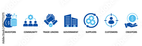 Stakeholder icon set illustration contain investors, community, trade unions, government, suppliers, customers and creditors.
