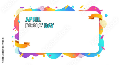 Colorful April Fools' Day social media frame with a white text box, surrounded by a vibrant border of paint splatters and icons in a playful, celebratory design