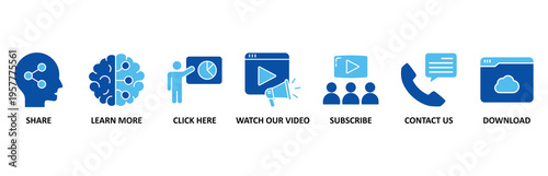 Call to action icon set illustration contain share, learn more, click here, watch our video, subscribe, contact us and download.