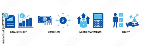 Financial statements icon set illustration contain balance sheet, cash flow, income statements and equity.