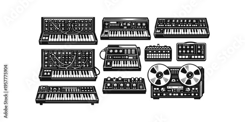 Collection of vintage analog synthesizers and reel-to-reel tape recorder in black and white illustration