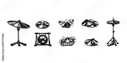 Collection of hand-drawn percussion instruments and cymbals in a vintage sketch style