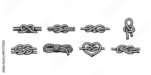 Collection of eight hand-drawn nautical and decorative rope knots on a white background
