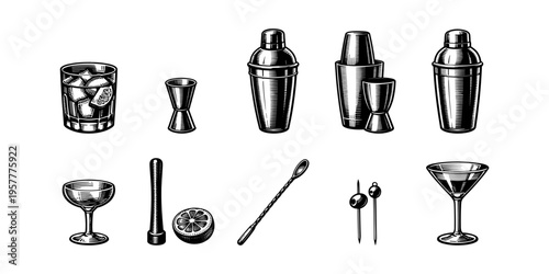 Collection of vintage bar tools and glassware in a woodcut illustration style