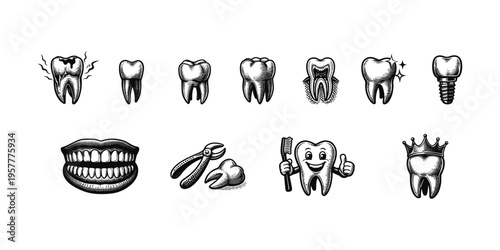 Collection of dental icons representing various aspects of oral health and dentistry