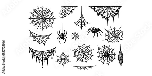 Collection of spooky spider webs and spiders for Halloween decoration