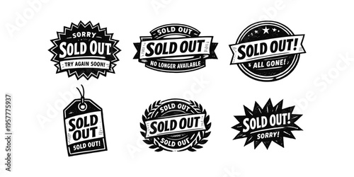 Collection of six black and white sold out stamps and badges with different designs