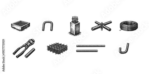 Construction materials and tools for building with concrete and steel reinforcement bars