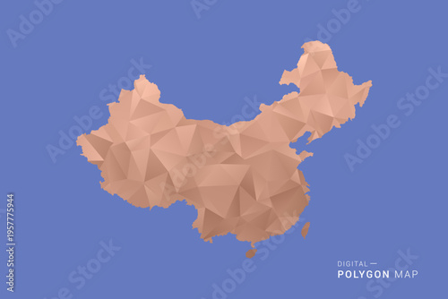 China Map - Orange Polygon Vector Illustration on Deep Blue Background, Low Poly Geometric Design, Modern Abstract Country Silhouette for Infographics and Presentation Use.