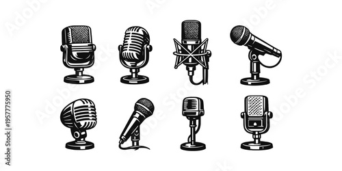 Collection of vintage and modern microphones in a graphic illustration style