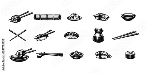 Collection of hand-drawn Japanese sushi and related items in black and white style