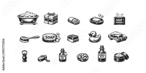 Collection of vintage-style bathroom and hygiene icons in black and white