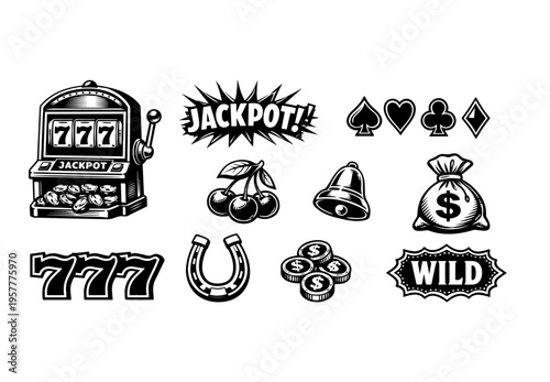 Collection of classic casino slot machine symbols and elements in black and white