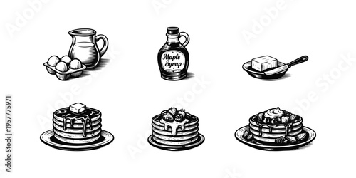 Vintage illustration of pancake ingredients and finished pancakes with berries and syrup