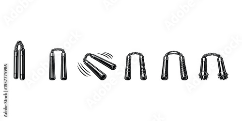 Collection of various nunchaku weapon designs, from simple to spiked
