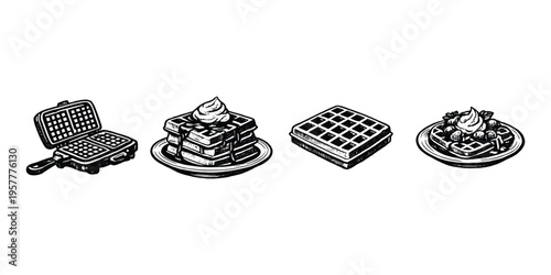 Collection of waffles and waffle maker in a vintage hand-drawn style