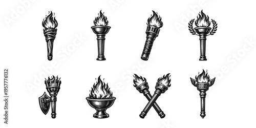 Collection of vintage torch illustrations with flames and decorative elements