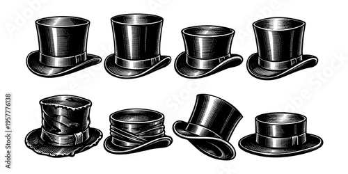 Collection of vintage top hats in a detailed engraving style on a white background