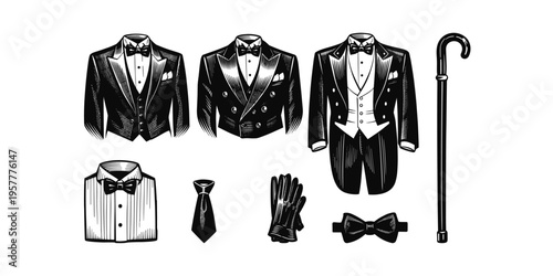 Vintage formal wear collection including tuxedos, shirt, tie, gloves, and cane