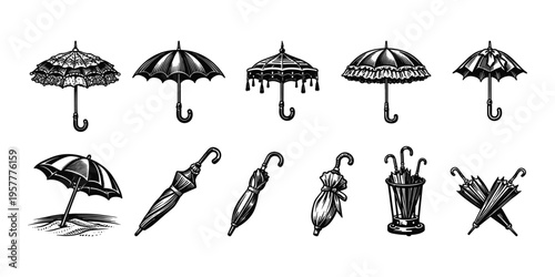 Collection of vintage and modern umbrellas in a detailed black and white illustration style