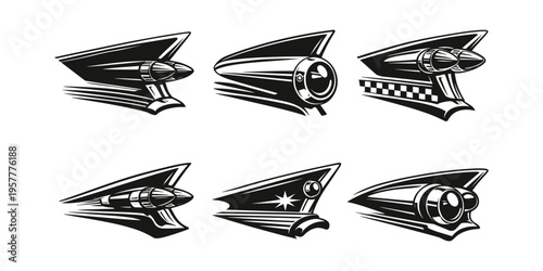 Collection of retro car tail fins with stylized rocket and jet designs in black and white